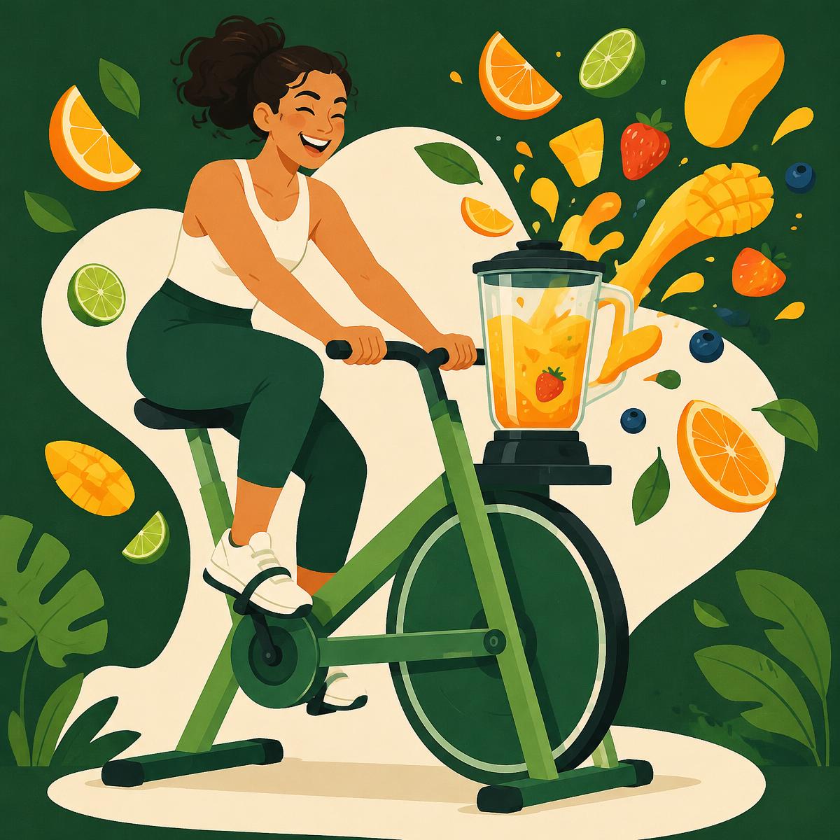 Illustration of a smoothie bike with a blender mounted over the front wheel